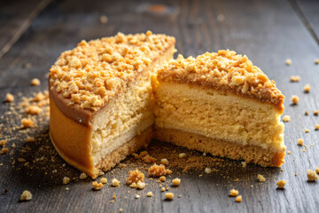 Delicious slice of cake with crumbs scattered on wooden table