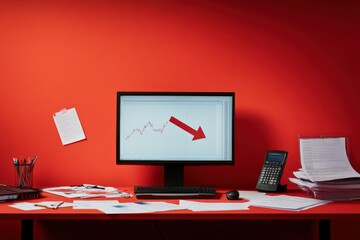 Desk with Computer Monitor Displaying Declining Graph on Bright Red Wall Background
