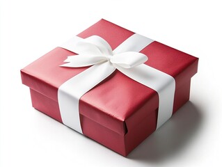 A red gift box with a white ribbon, isolated on a clear background. Stock photo