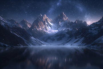 Serene night scene featuring snow-capped mountains majestically reflected in a still lake under a starry sky.  Perfect for nature, travel, and serenity themes.