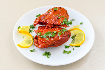 Traditional delicious Turkish foods; dried eggplant stuffed (Turkish name; Kuru patlican, biber dolmasi)