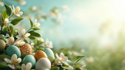 Soft Focus Background with Blooming Spring Flowers and Easter Eggs with Copy Space