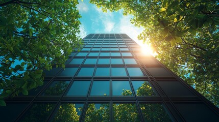 Modern Skyscraper Surrounded by Lush Greenery, Sunlight