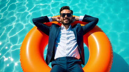 Man in suit relaxing on an orange pool float symbolizing the importance of breaks to prevent burnout