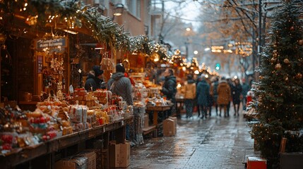 Fototapeta premium Snowy Christmas market street, shoppers, festive decorations, winter background, holiday shopping