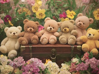 Assorted teddy bears in various poses resting on a vintage trunk surrounded by blooming flowers