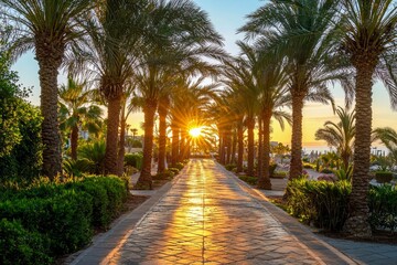Obraz premium Typical summer background. Palm trees with an orange sunset in the background.