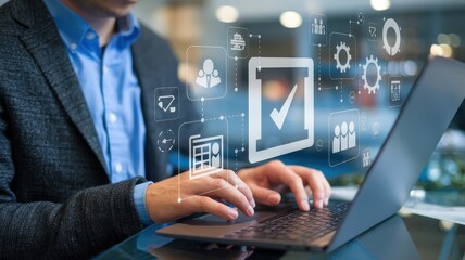 Businessman using laptop, digital technology interface, workflow automation, project management, checklist, teamwork, online collaboration, business process, efficiency, productivity, modern workplace