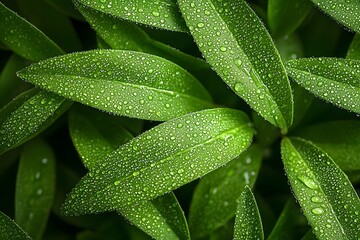 Fototapeta premium Crystal Clear Water Droplets on Vibrant Green Leaves Refreshing Nature Theme