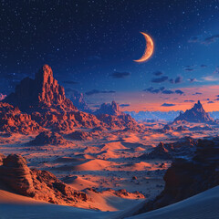 Desert landscape at sunset under crescent moon and starry night sky