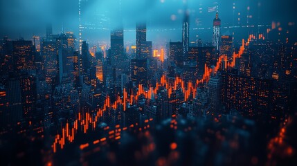 Fototapeta premium Night cityscape with financial graph, showing growth and prosperity, aerial view, suitable for business or stock market use