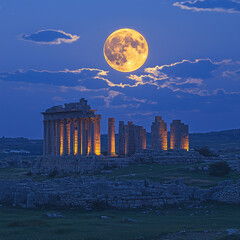 Ancient ruins under full moon at night
