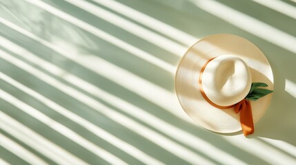 This image features a stylish straw hat adorned with an elegant ribbon, casting soft shadows on a light background, creating an artistic interplay of light and texture.