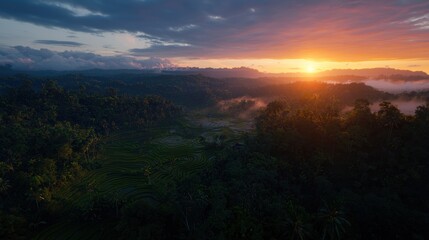 Obraz premium Serene sunset over lush rice terraces and misty hills, capturing nature's tranquility