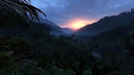 Serene sunset over lush green hills and rice terraces with misty valley in the background