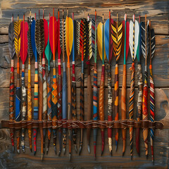 Colorful Arrows in Leather Quiver Against Rustic Wooden Background Illustrating Archery Artistry