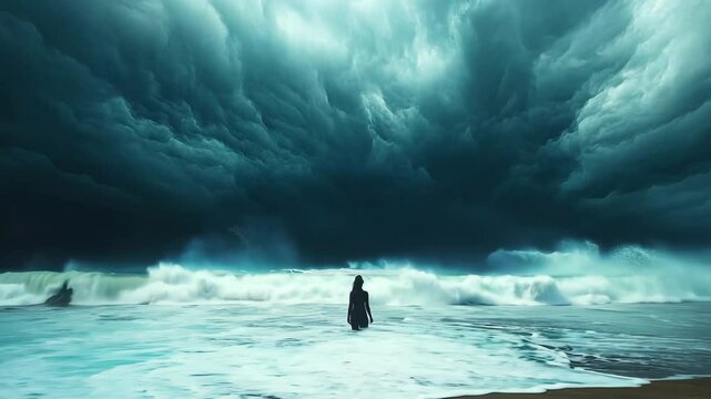 A solitary figure stands on the shoreline, gazing at massive waves under an ominous, swirling storm. The dramatic clouds and turbulent sea create a cinematic and awe-inspiring scene of nature&rsquo;s power 