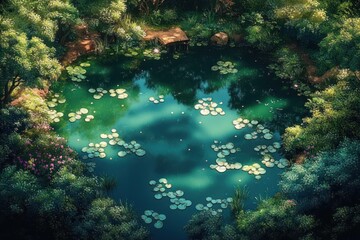 Obraz premium Serene Forest Pond Aerial View Photorealistic Terrain Art