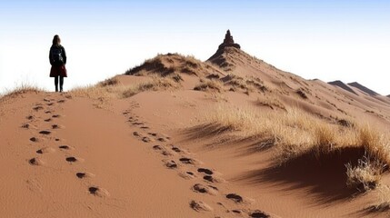 A solitary figure walks through a sandy desert landscape with footprints.