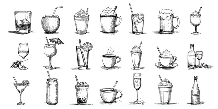 drink and beverage collection black vector decorative sketch for engraving