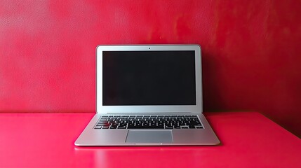 Fototapeta premium An open grey laptop sits on a vivid red background.