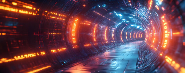 Obraz premium Futuristic tunnel, glowing lights, data stream, sci-fi background