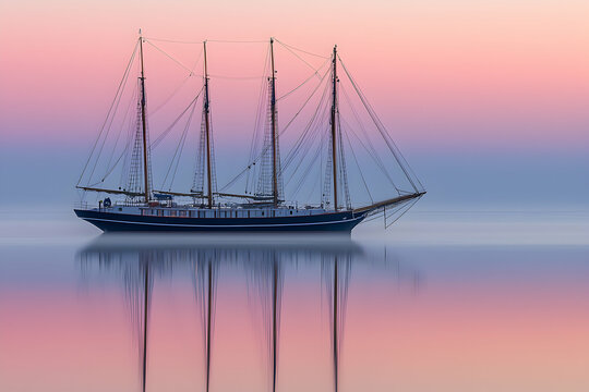 Serene sunrise over calm waters with a majestic three-masted schooner at anchor, reflecting perfectly in the still surface.