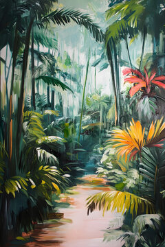 tropical rainforest, plants, river, color, oil painting, green, art, landscape, jungle, sunlight 