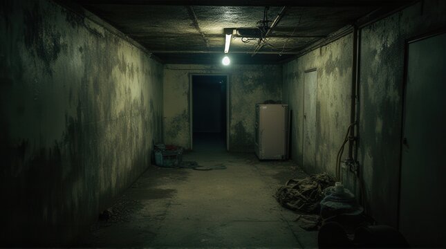 A dimly lit, abandoned corridor with peeling walls, a flickering light, and scattered debris, evoking a sense of eeriness and neglect.