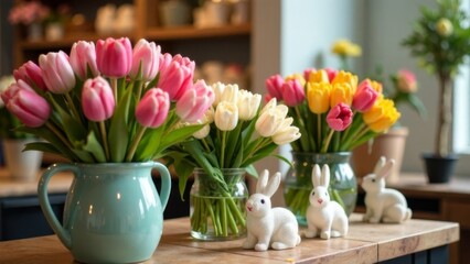 Fototapeta premium colorful tulip bouquets in pastel vases with ceramic rabbit figurines on a wooden counter in a flower shop, soft natural light, concept of floral arrangement, seasonal decoration, home decor