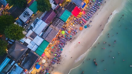 Vibrant beachside community, colorful huts and sunbathers along sandy shore, lively atmosphere for relaxation and leisure.