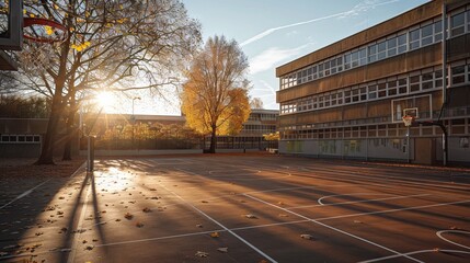 School building exterior with basketball court at sunset, warm sunlight reflecting in windows