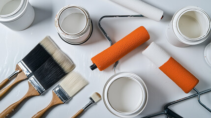 Home renovation site with neatly arranged paint buckets and tools ready for use