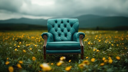 A striking teal armchair stands alone amid a vibrant field of flowers, contrasting wealth and comfort with the simplicity and beauty of nature's landscape.