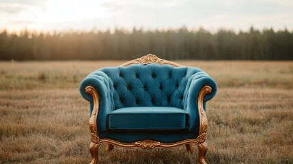 A beautifully crafted blue armchair with ornate golden accents sits gracefully in a field, representing a fusion of aesthetic luxury against the backdrop of nature's simplicity.