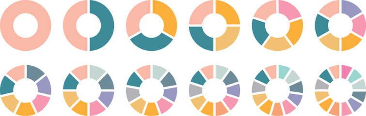 Obraz premium Pie chart color icons. Circle section graph. 1,2,3,4,5 segment infographic. Wheel round diagram part symbol. Circle division infographic icon set. Segment slice sign. Pie chart divided 4,5,6, 12 equal