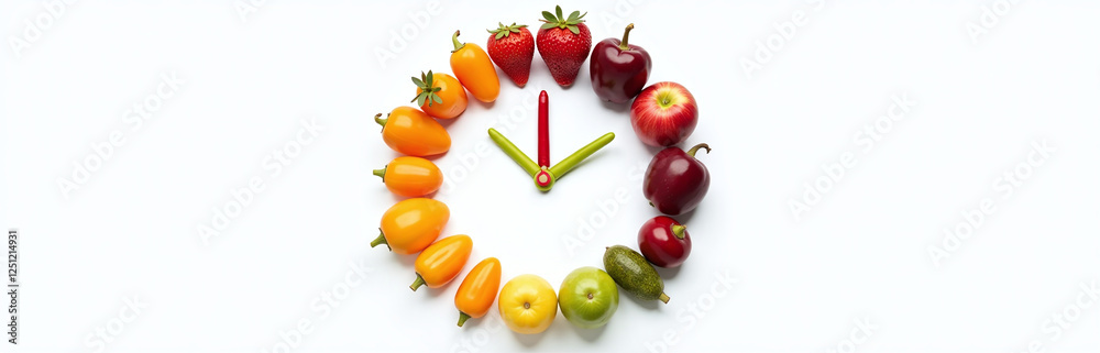 Aufkleber A Colorful Arrangement Of Fruits And Vegetables Forms A Clock Shape Isolated On A Plain White Background To Create A Unique Design. 00001