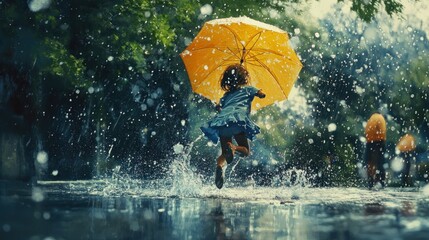 Fototapeta premium Happy child running in rain with yellow umbrella.