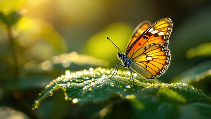 Obraz premium Vibrant orange butterfly resting on dew-covered leaf in sunlit garden