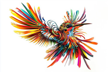 Obraz premium A colorful bird with vibrant feathers, flying in the air, on a white background