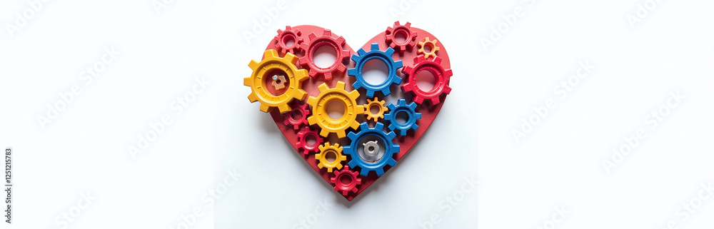 Poster A Colorful Mechanical Heart Made Up Of Interlocking Gears Is Prominently Displayed Against A Clean White Background. 00001