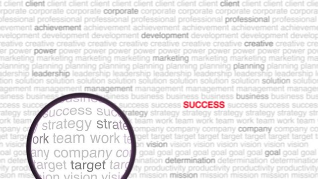 Success text or word cloud animation with a magnifying glass effect on a clean white background