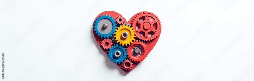 Poster A Colorful Mechanical Heart Made Up Of Interlocking Gears Is Prominently Displayed Against A Clean White Background. 00002