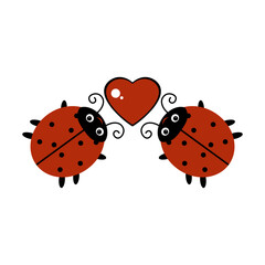 two ladybugs looking at a heart.vector illustration for Valentine's Day