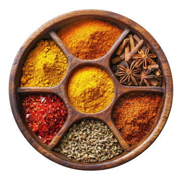 Vibrant Collection of Spices in Wooden Bowl for Culinary Art