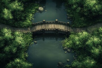 Fototapeta premium Aerial View Rustic Wooden Bridge Tranquil River Japanese Ink Painting Lush Greenery Ambient Lighting Serene Atmosphere