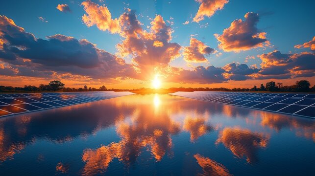 Solar panels reflecting sunset, calm water, idyllic scene, renewable energy