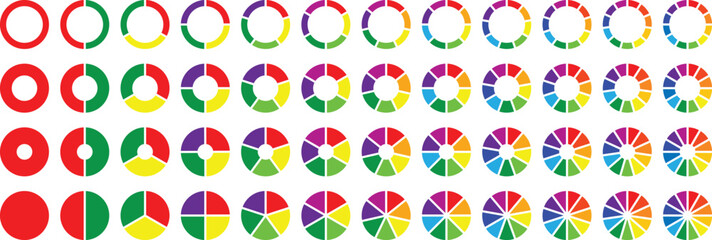 Pie charts diagrams. Colorful Pie chart set. Set of different color circles isolated. Infographic element round shape. Circle pie chart diagram. 2, 3, 4, 5,6,7,8,9,10, 11, 12 sections or steps. Vector