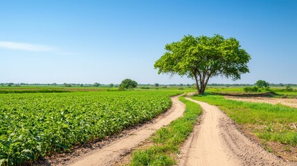 Obraz premium Pollution on land: Chemicals and waste. Lush green fields with a winding dirt path and a solitary tree.