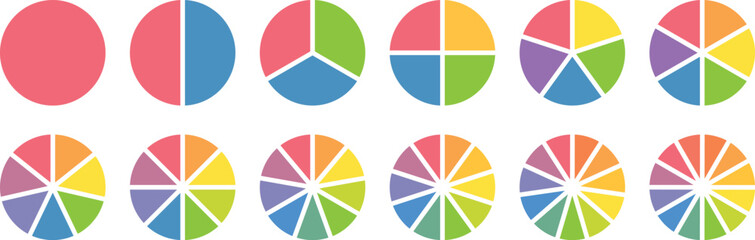 Pie chart set. Circle division infographic icon set. Pie chart divided 4,5,6 equal parts. Color pizza or donut round diagram. Circle section graph. Infographic wheel segment and fraction.